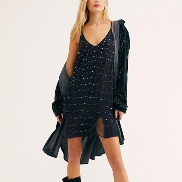 Free People Metal Maiden Chemise Mesh Ruffle Slip Mini Dress Embellished SP - Picture 2 of 15